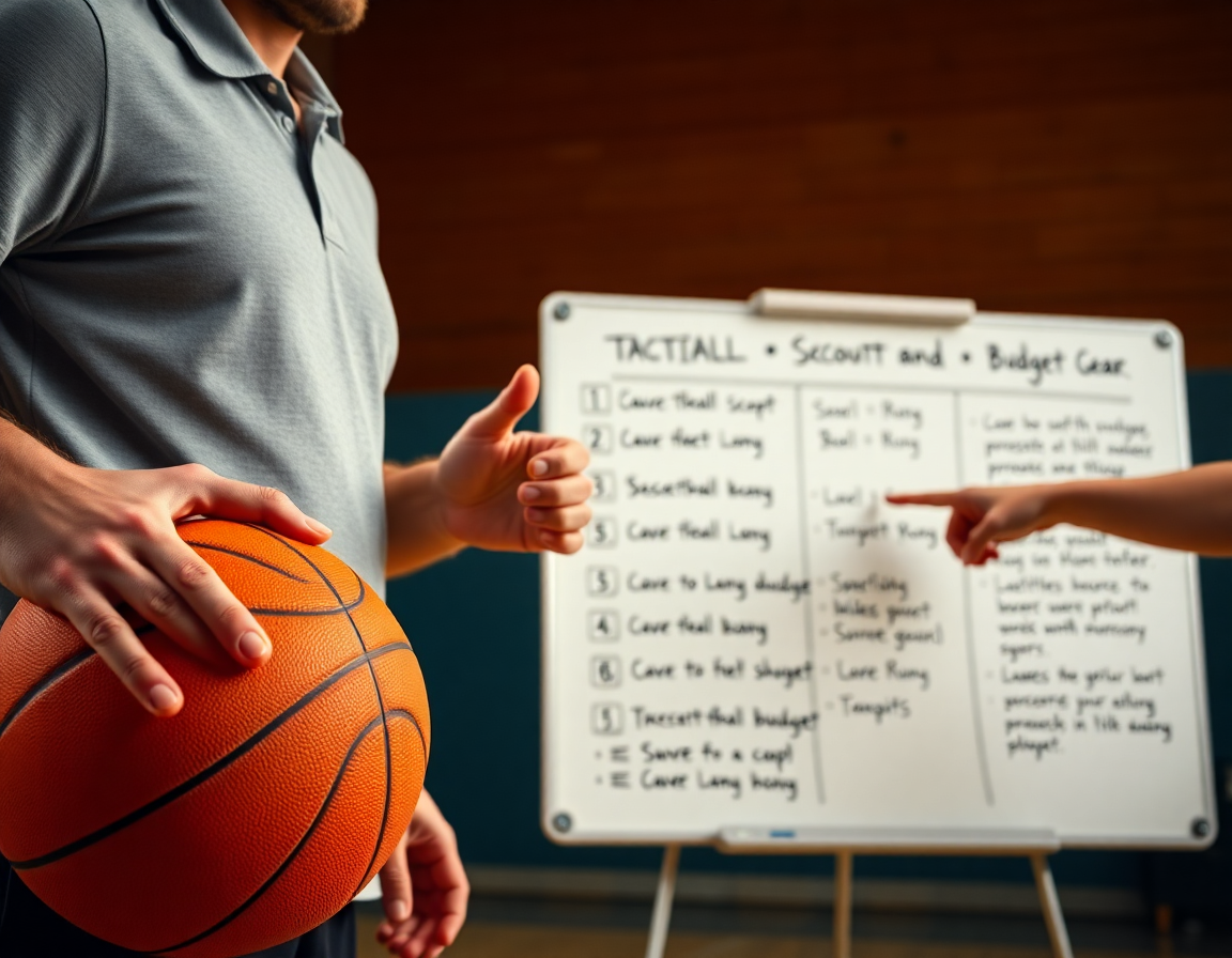 Plan rapproché sur les mains tenant une balle orange, coach indiquant une ligne tactique pour basketball.