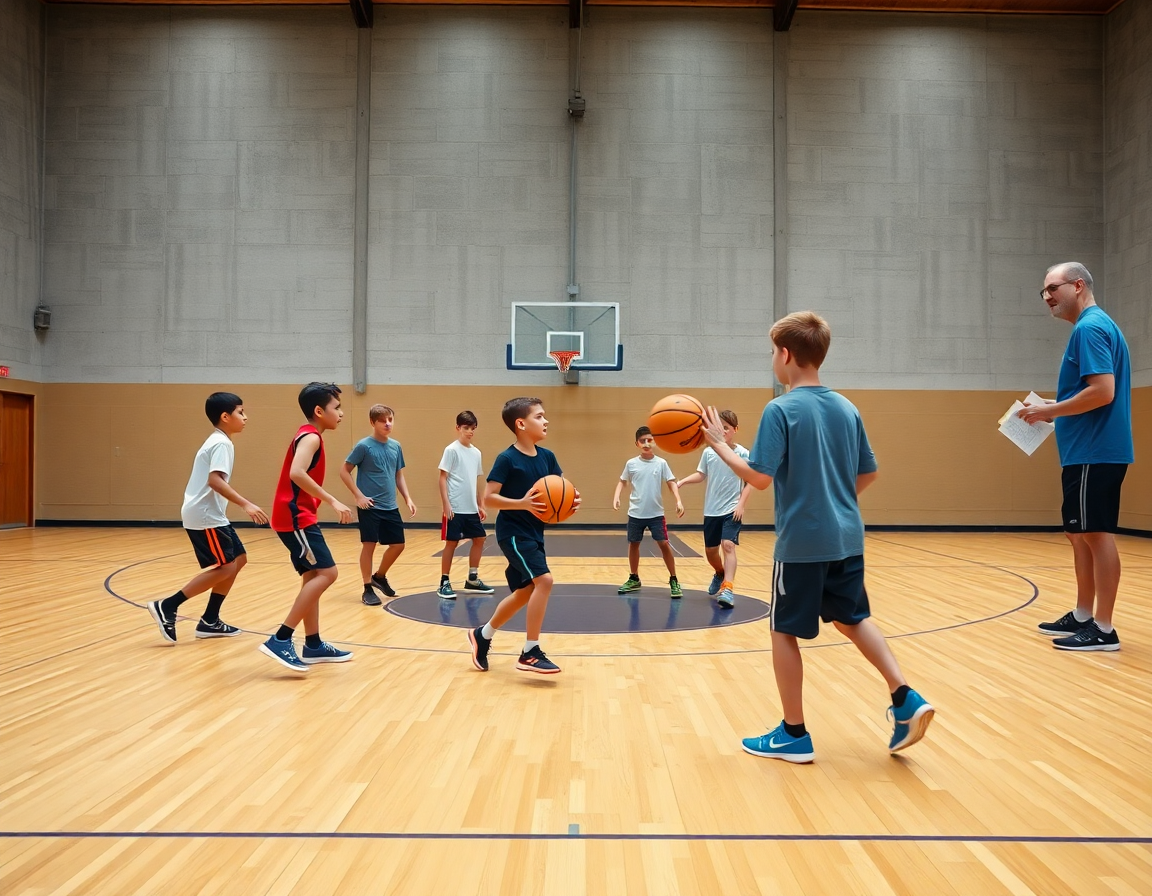 Drill d'exercice basket enfant sur court intérieur avec coach guidant passes et dribbles.