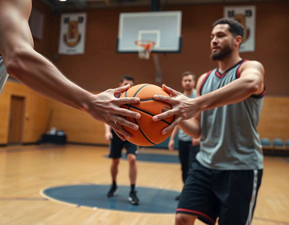 Plan serré sur les mains et le ballon orange pendant un exercice basket enfant près du backboard.