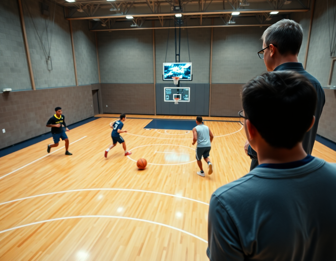Vue plongeante sur coach et assistant regardant ordinateur portable pendant un exercice basket enfant de scouting.