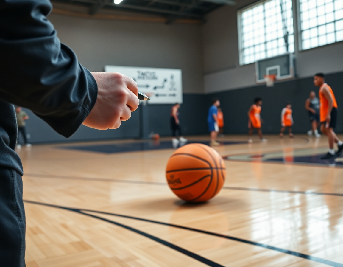 Gros plan sur les mains écrivant sur la planche tactique basket en ligne pendant le basketball.