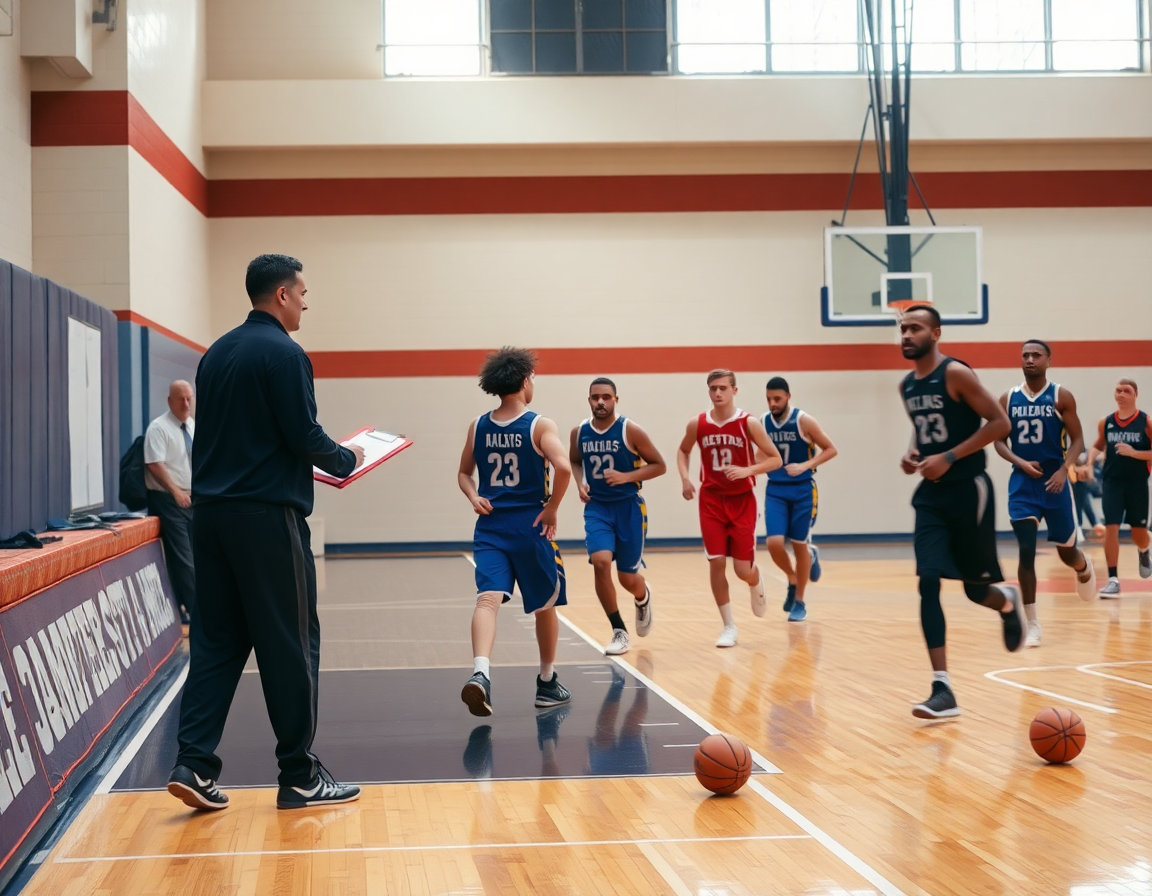 Plan serré montrant un entraîneur guidant une rotation sur la planche tactique basket en ligne pendant le basketball.