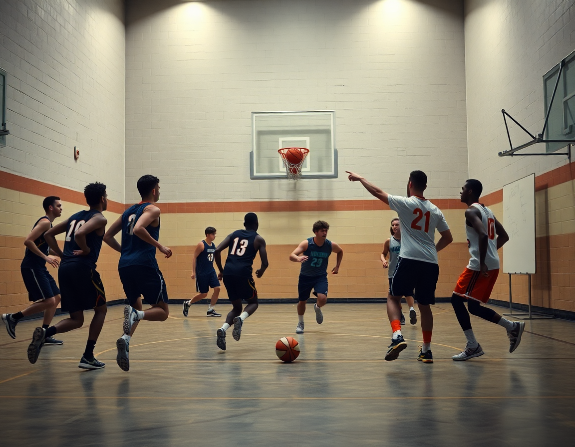 Plusieurs joueurs basket exécutent un exercice autour de l'arc pendant que l'entraîneur pointe un tableau blanc.