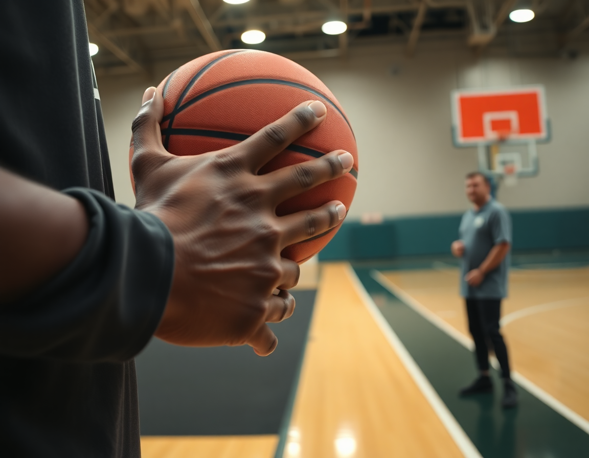 Gros plan sur les mains des joueurs basket tenant le ballon près de la ligne.