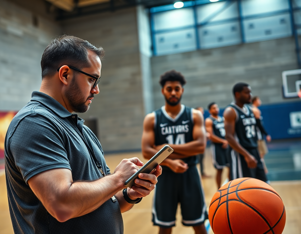 Un membre du staff regarde des clips basket sur une tablette pendant que les joueurs basket regardent.