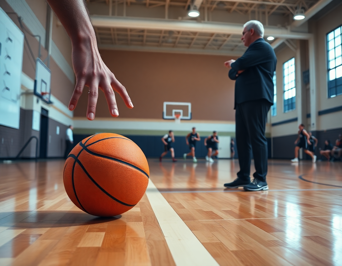 Premier plan: mains sur un orange basketball près de la ligne du haut, coach avec tableau blanc.