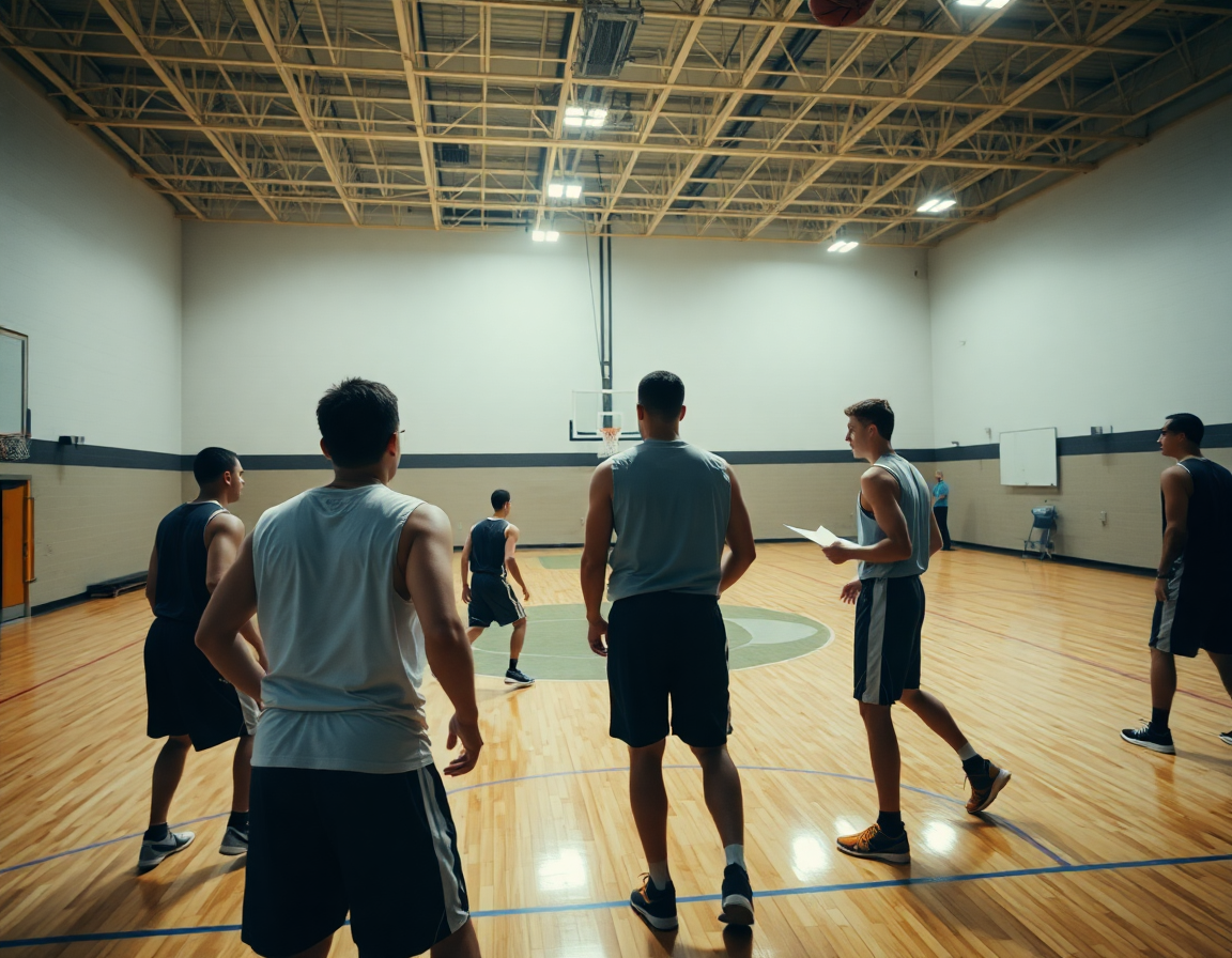 Coup d'œil: joueurs exécutent un exercice basket senior sur un terrain complet.