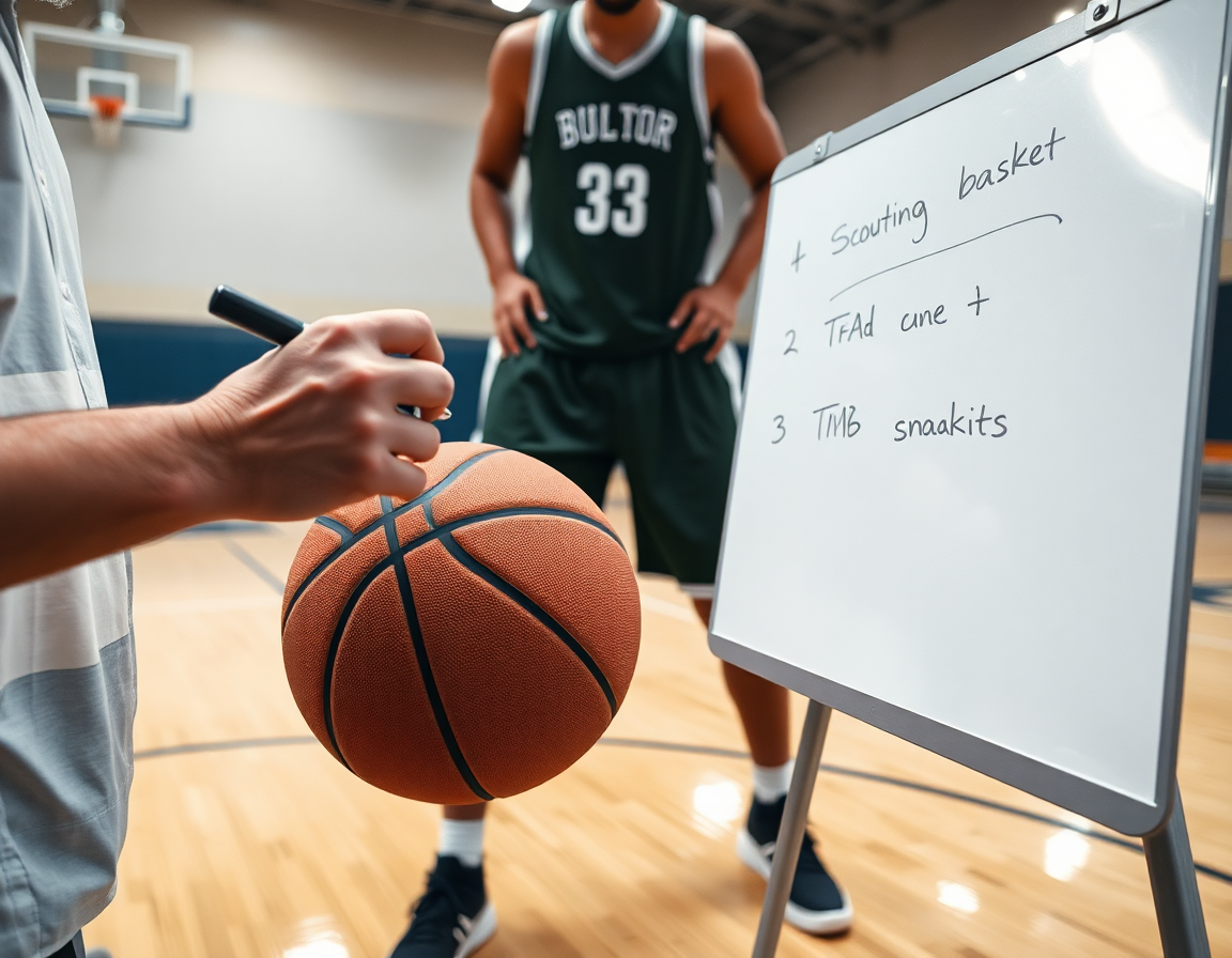 Prise proche du scouting basket: mains sur le ballon et tableau blanc en arrière-plan.