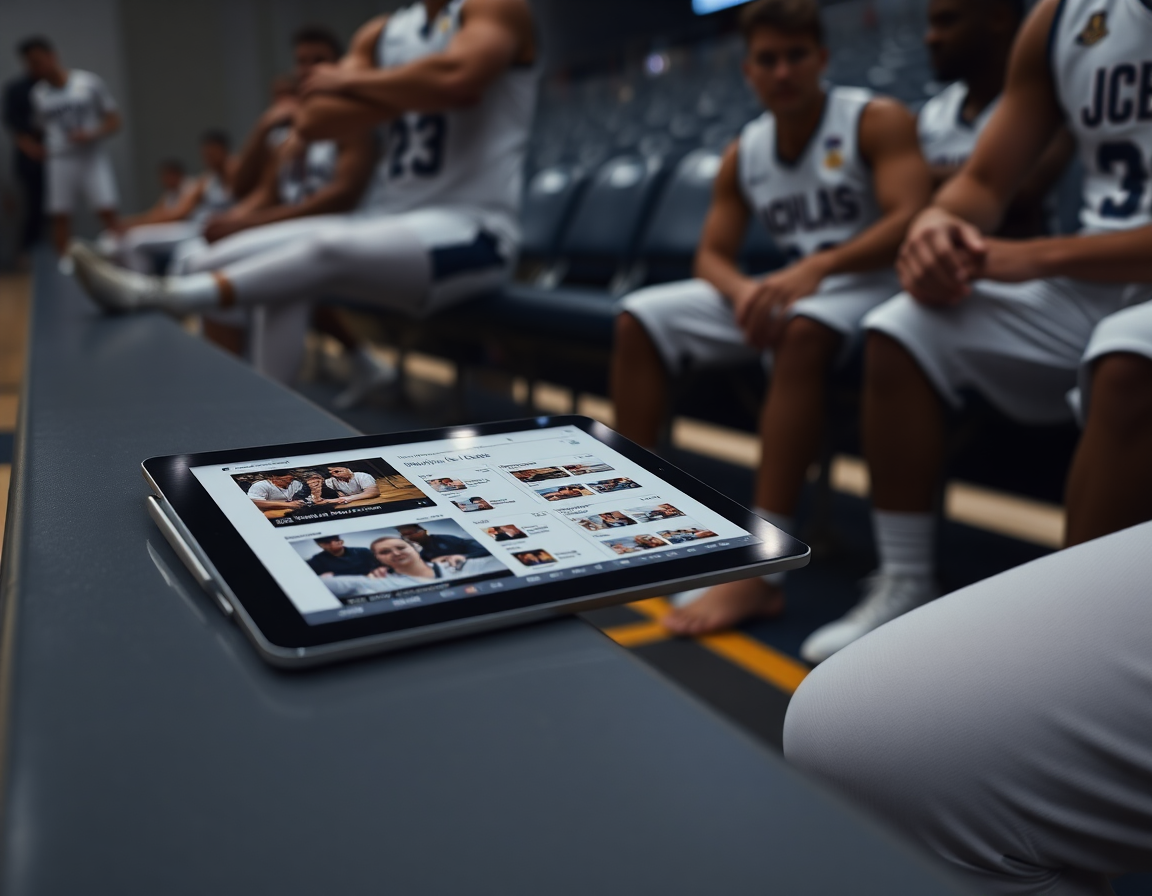 Gros plan sur le coach avec un clipboard et notes de scouting basket sur banc.