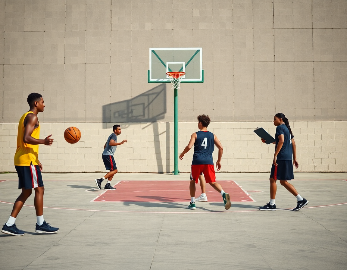 Trois joueurs sur le terrain concret exécutant un scouting basket drill près du panier, coach observe.