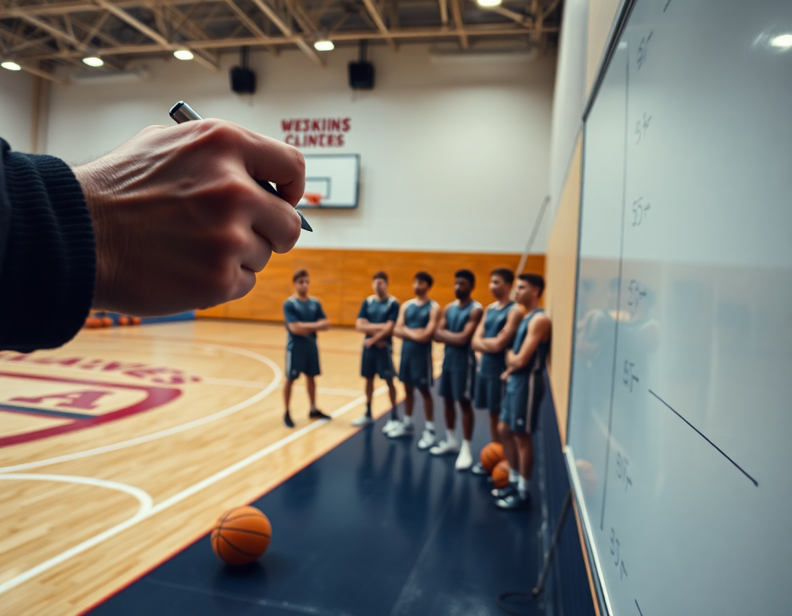 Planification hebdomadaire sur le terrain: coach et joueurs du club basket autour du tableau, gymnase lumineux.