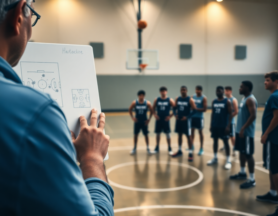 Coach trace les mouvements sur le tableau blanc pendant que les joueurs observent avec attention du club basket.