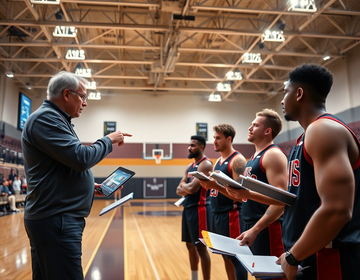 Session d’analyse et scouting montrée par un coach et une tablette devant le club basket.
