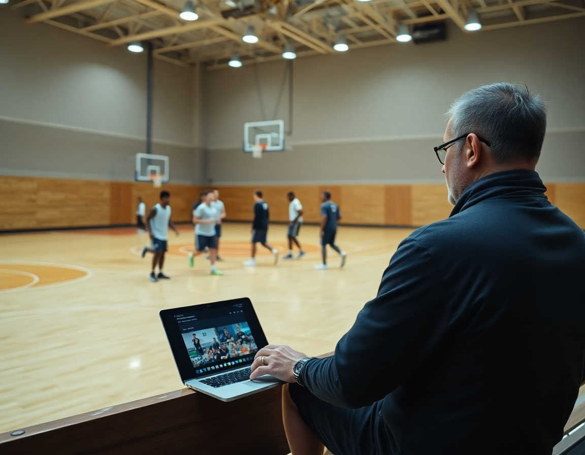 L'entraineur basket bourg en bresse supervise les clips vidéo sur un écran dans le gym.