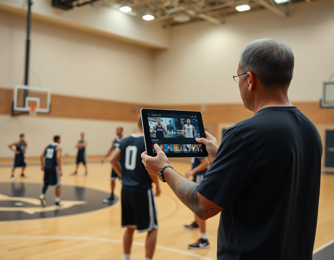 L'entraineur basket bourg en bresse partage une playlist vidéo avec les joueurs sur tablette.