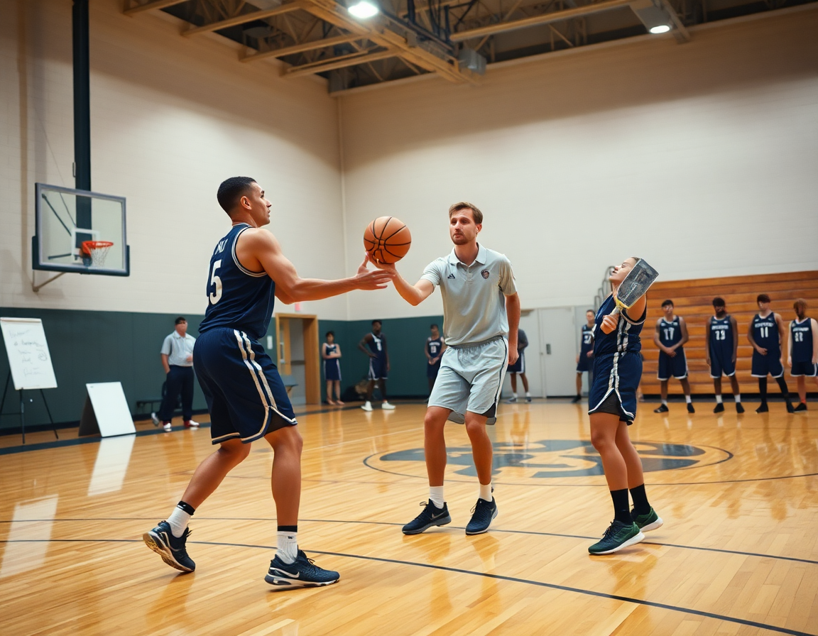 Premier plan sur deux joueurs en passe près de la ligne à trois points, cadre playbook basket.
