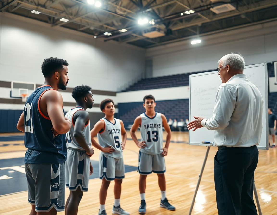 Plan serré: entraîneur avec un whiteboard explique une action dans le cadre playbook basket et joueurs.