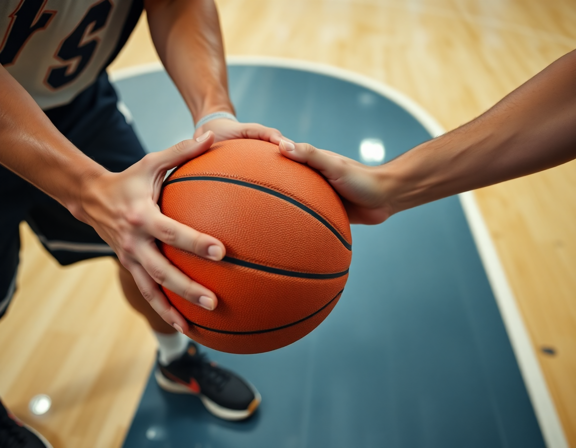 Gros plan sur les mains et le ballon, les lignes du terrain visibles, playbook basket à l'arrière.