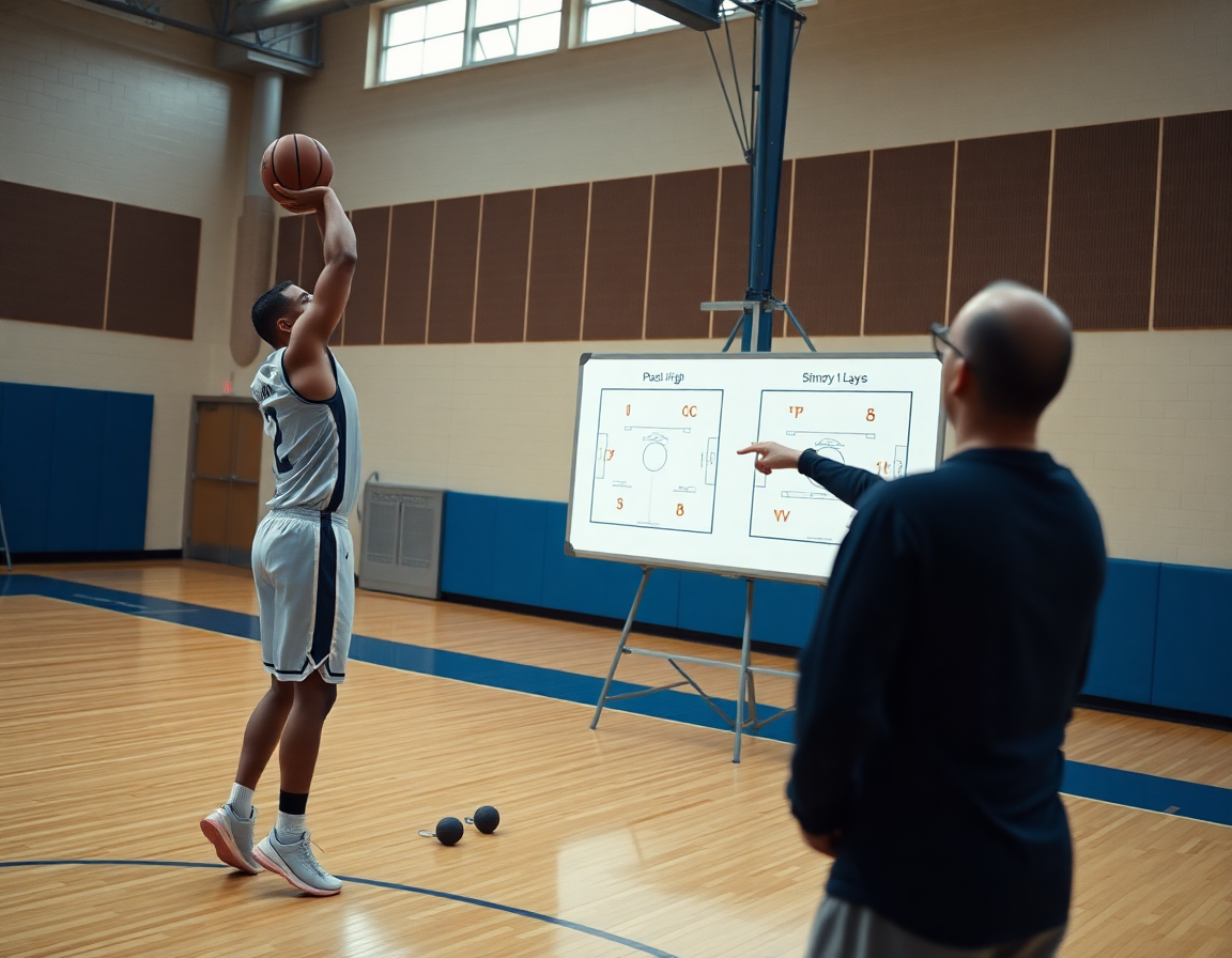Plan serré sur deux joueurs en poste haut poste bas basket, avec le coach utilisant un tableau.
