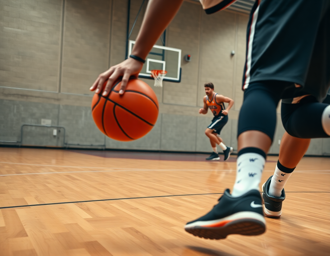 Plan rapproché sur le dribble et l'action, match preparation basket france 2025 sur le parquet.