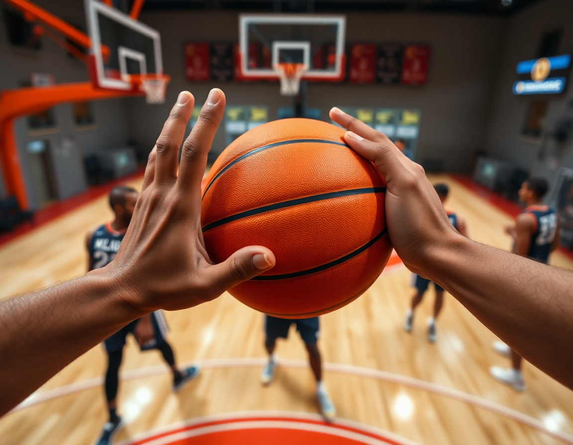 Plan rapproché sur les mains autour du ballon orange, match preparation basket france 2025 en action.