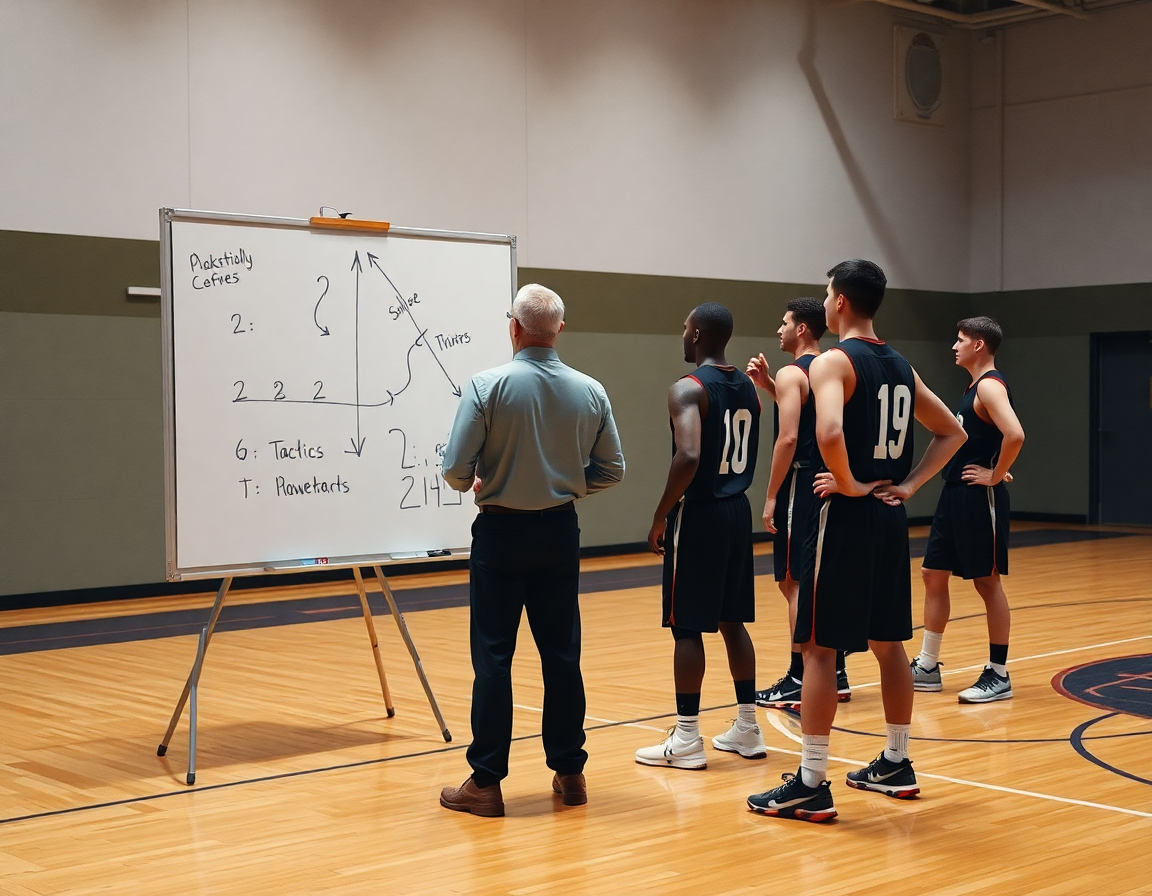 Plan moyen du coach devant un tableau tactique, pendant le programme entrainement basket U15 sur le terrain.