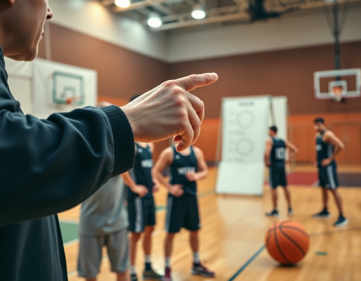 Plan rapproché sur les mains d'un coach montrant un schema attaque basket sur un tableau blanc, joueurs basketball.