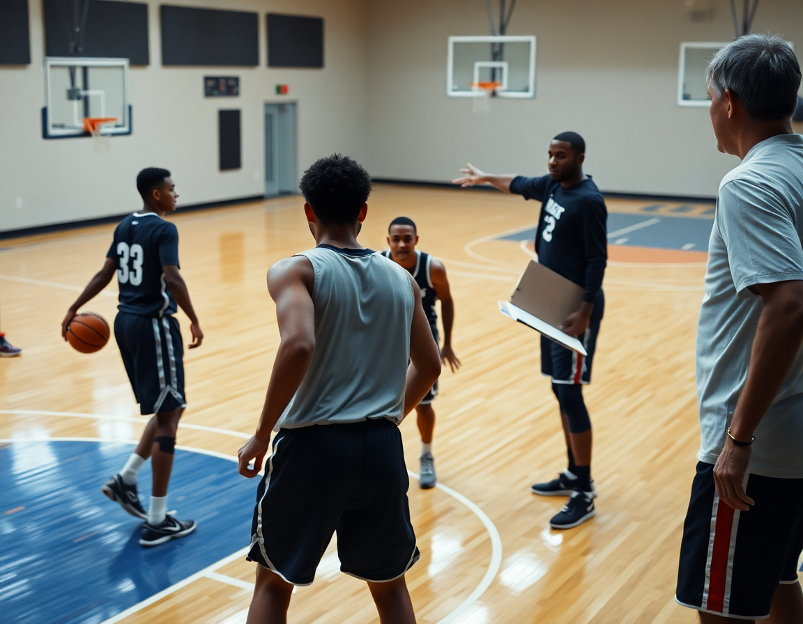 Joueurs exécutent une action offensive près de la clé pendant que le coach consulte schema attaque basket.