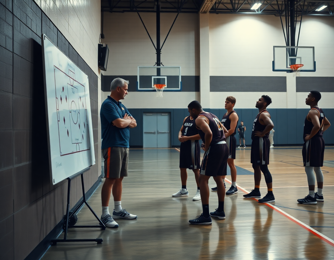 Coach montre un jeu sur tableau blanc, les joueurs écoutent attentivement, schema basket en tête.