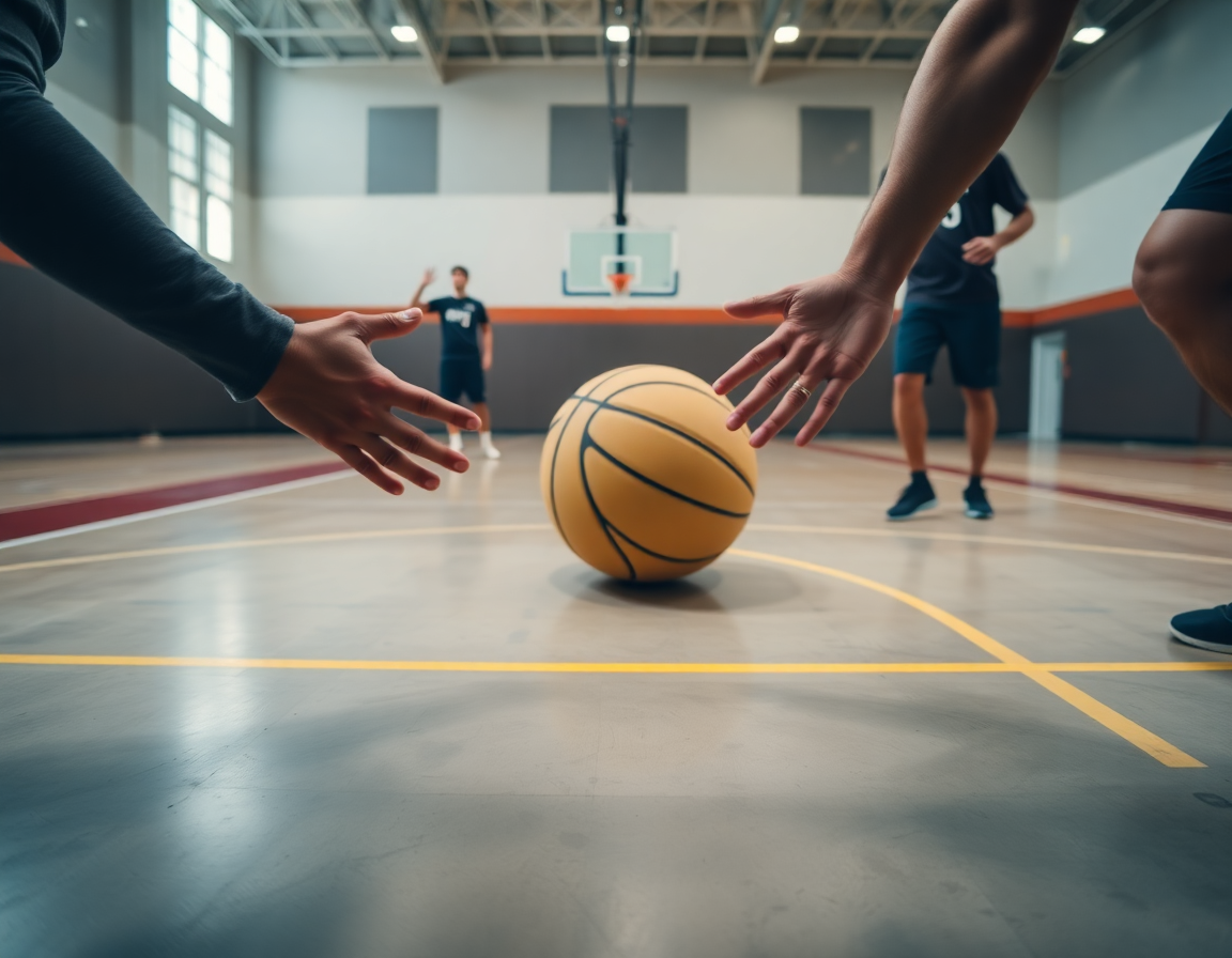 Plan serré sur les mains et le ballon lors d'une séquence de passes sur béton, schema basket.