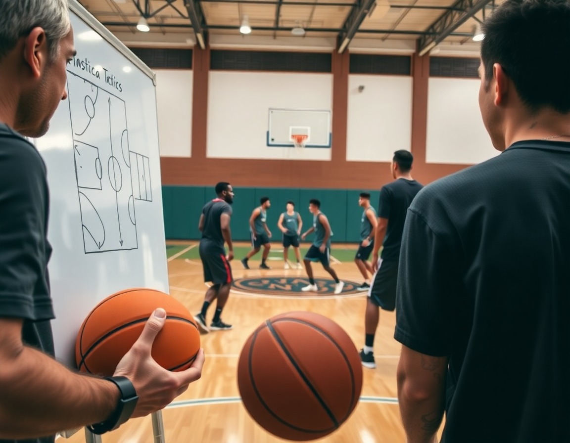 Plan serré: un coach montre le schema exercice basket sur tableau blanc.