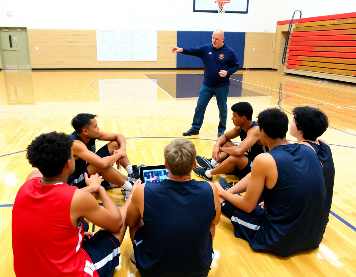Groupe de joueurs autour de la tablette regardant des clips basketball sur écran, discuter du schema exercice basket.