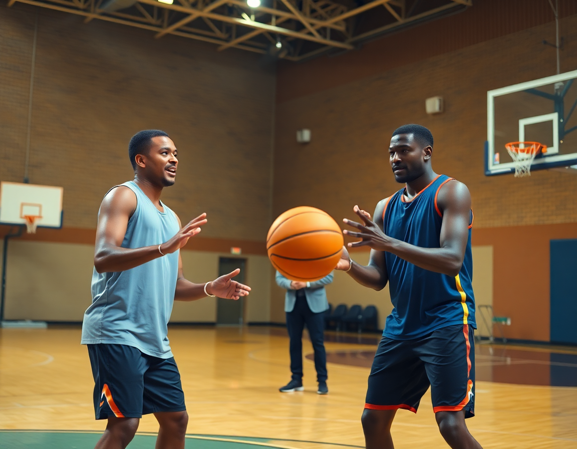 Deux joueurs de basketball s'entraînent sur le terrain; schéma tactique basket imaginé pour le basketball.