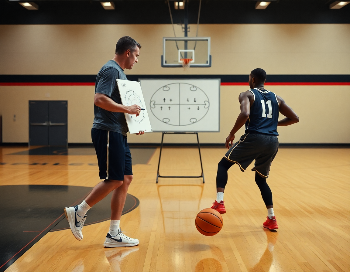 Le coach montre un schéma tactique basket sur le tableau pendant que les joueurs exécutent l'exercice.