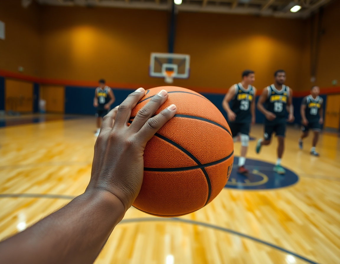 Plan serré sur les mains tenant un basketball orange pour schéma tactique basket sur le terrain.