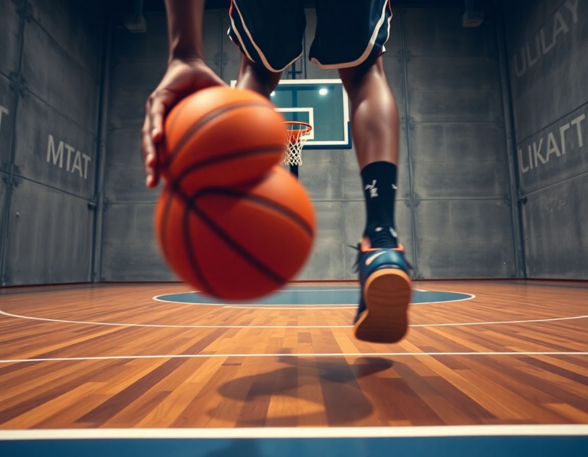 Plan serré sur le joueur dribblant vers le panier, tableau arrière et mur visibles, statistiques basket utiles.