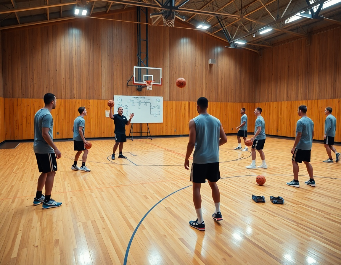 Équipe de basket en action en salle, le coach montre le système attaque basket sur le whiteboard.