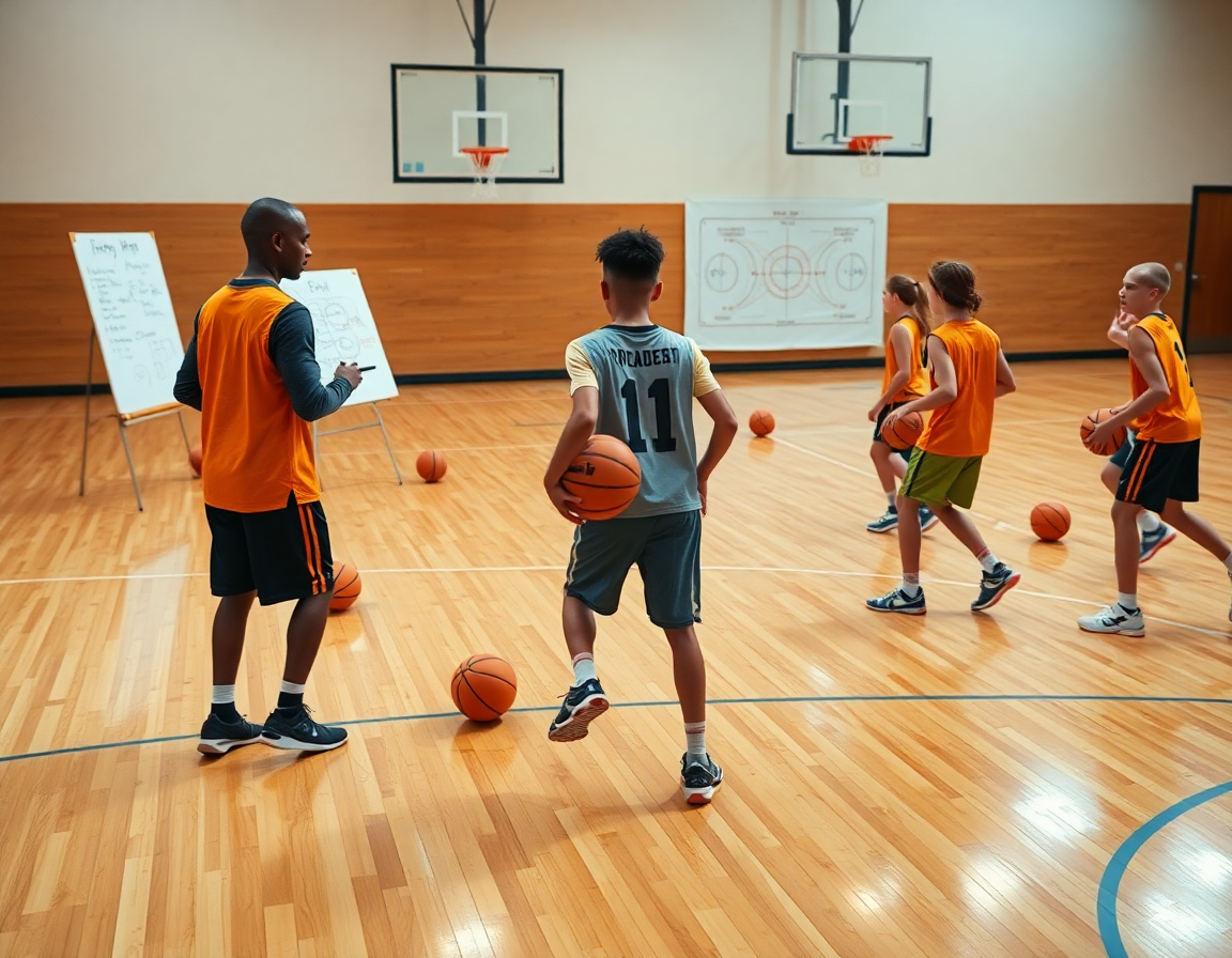 Entraîneur illustre le système attaque u15 basket sur tableau tactique devant les joueurs.