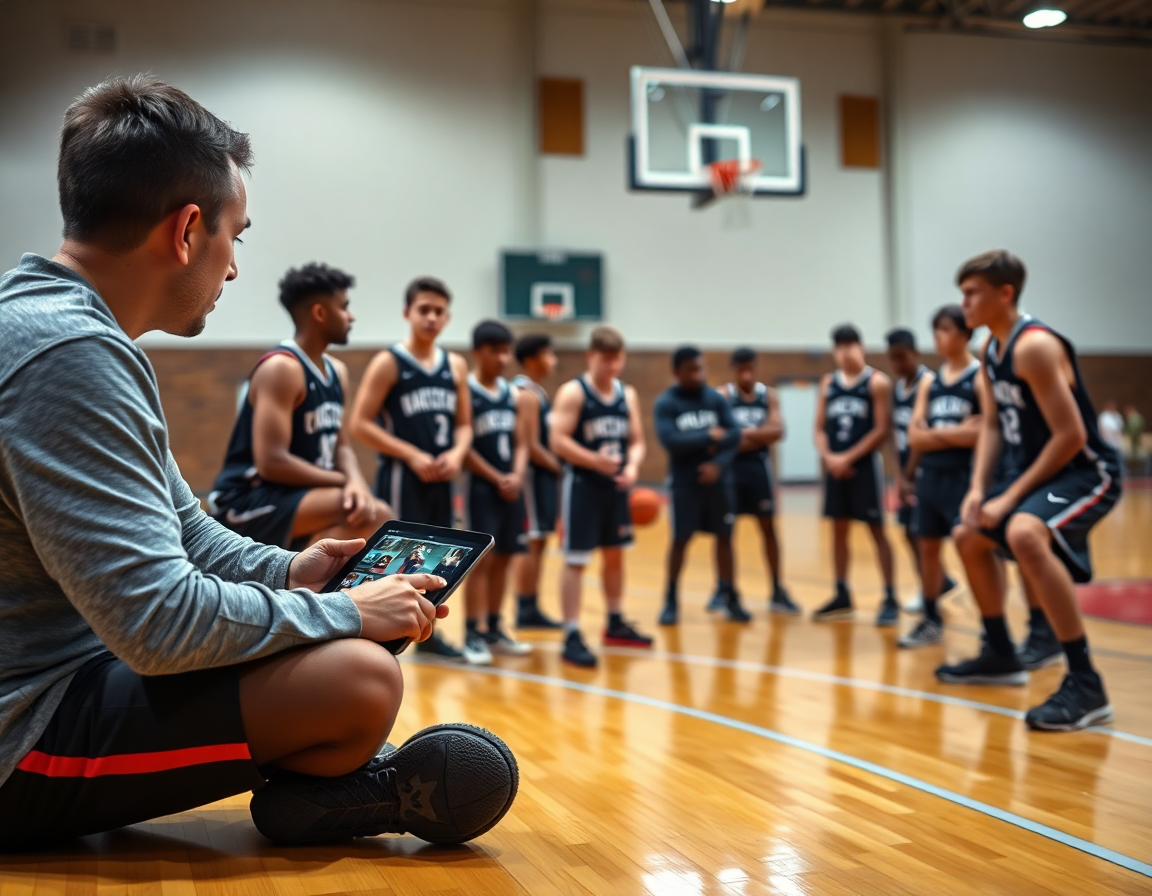 Équipe analyse des clips du système attaque u15 basket après la séance.