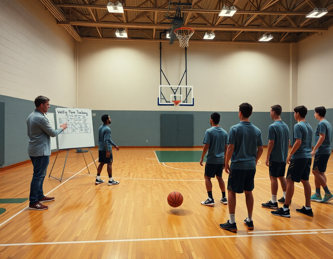 Plan hebdomadaire systeme de jeu basket u15 sur le tableau blanc dans la salle.