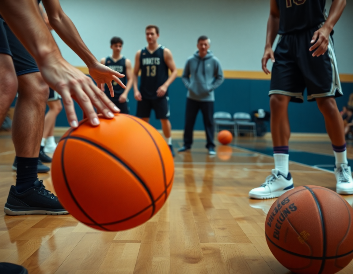 Plan serré sur les mains et le basketball pendant le systeme zone basket en pratique.