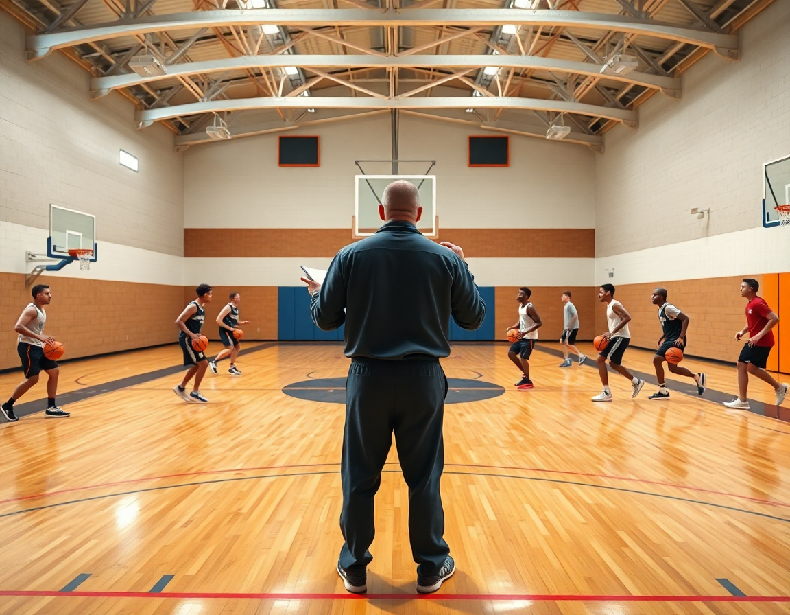 Plan de séance: tableau tactique basket sur le banc, coach guide les joueurs et leurs passes.