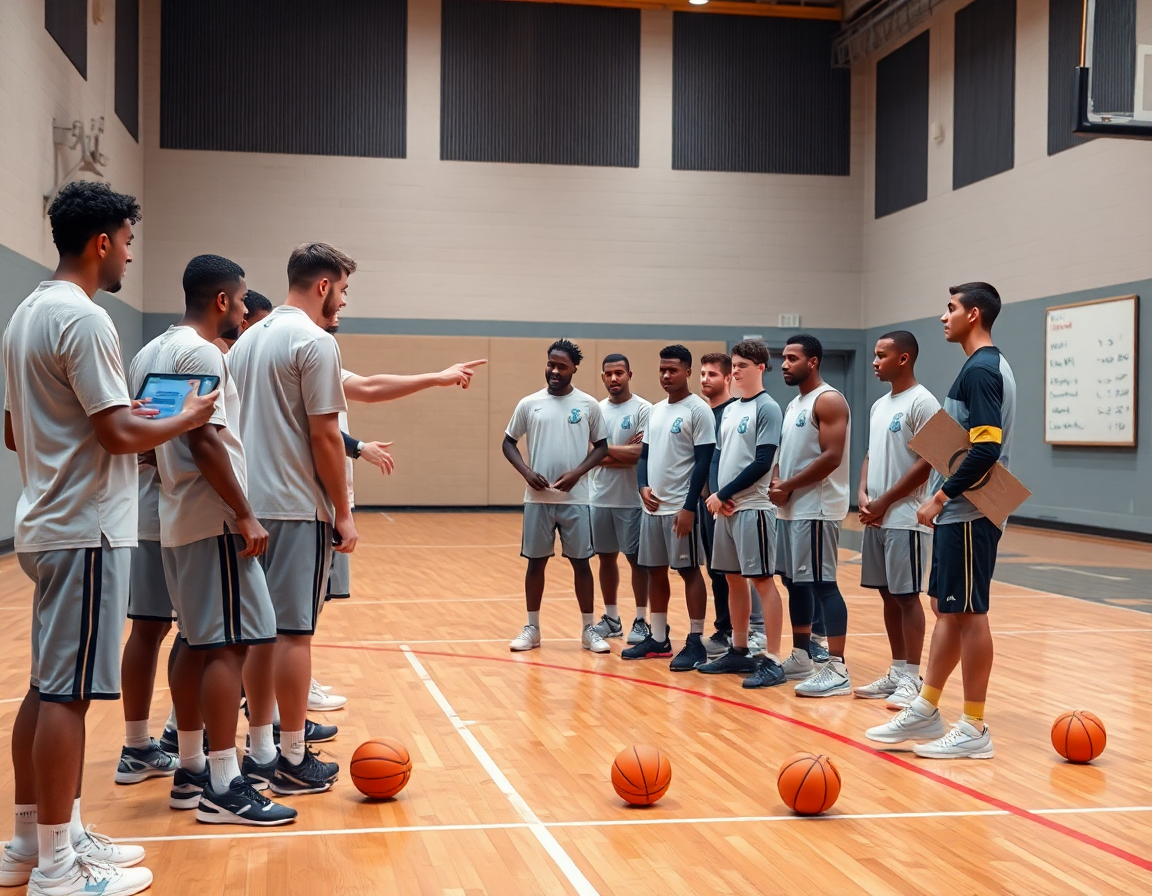 Équipe partage rapide: tableau tactique basket et écran montrant les plays, interaction en gym.