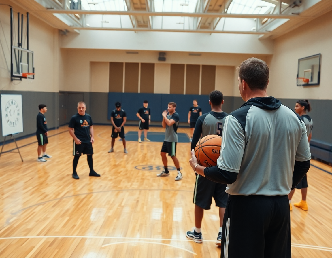 Cinq joueurs de basketball exécutent un pick-and-roll près de la clé au sommet, tactique attaque basket.