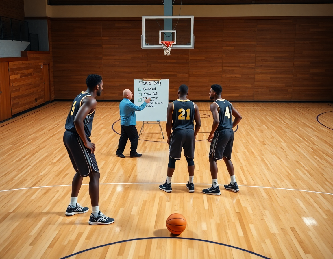 Le coach consulte les notes de scouting pendant que l'équipe exécute tactique attaque basket sur le terrain.