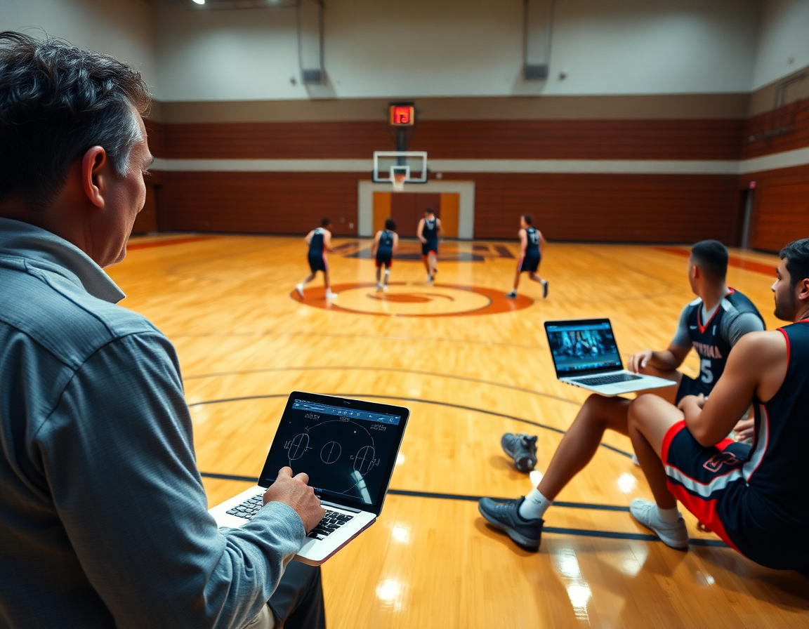 Le coach consulte les notes de scouting pendant que l'équipe étudie les jeux et applique tactique attaque basket.