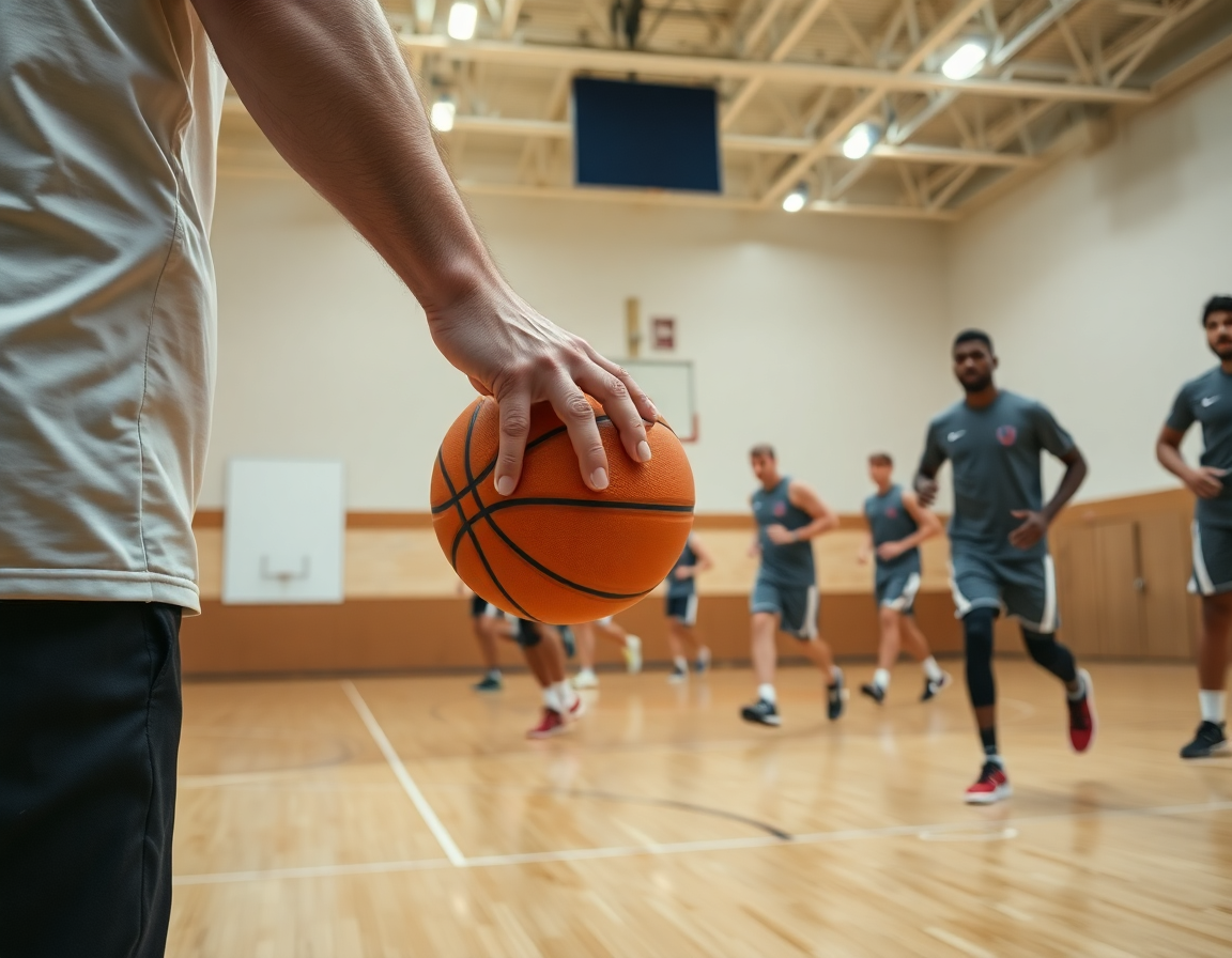 Plan serré sur la tactique basket attaque triangle pdf en mouvement sur le terrain de basket.