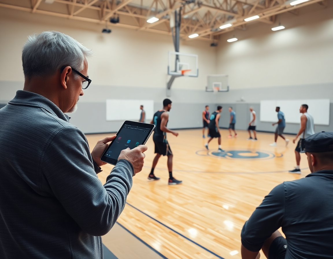 Groupe de jeunes joueurs sur le terrain, tactique basket attaque triangle pdf affichée sur tablette.