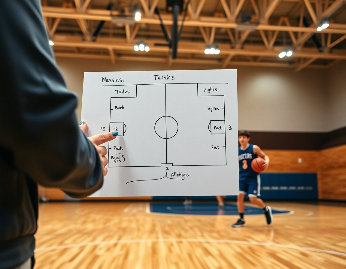 Gros plan sur le coach dessinant une situation tactique basket u11 sur le tableau pédagogique en gymnase.