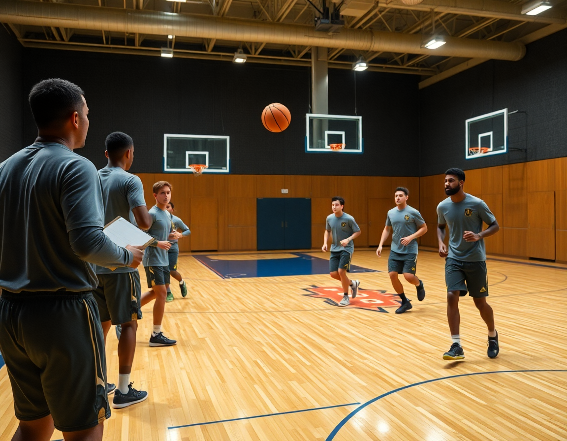 Plan d'entraînement hebdomadaire de tactique basket u13 sur le terrain de gym, joueurs en action.